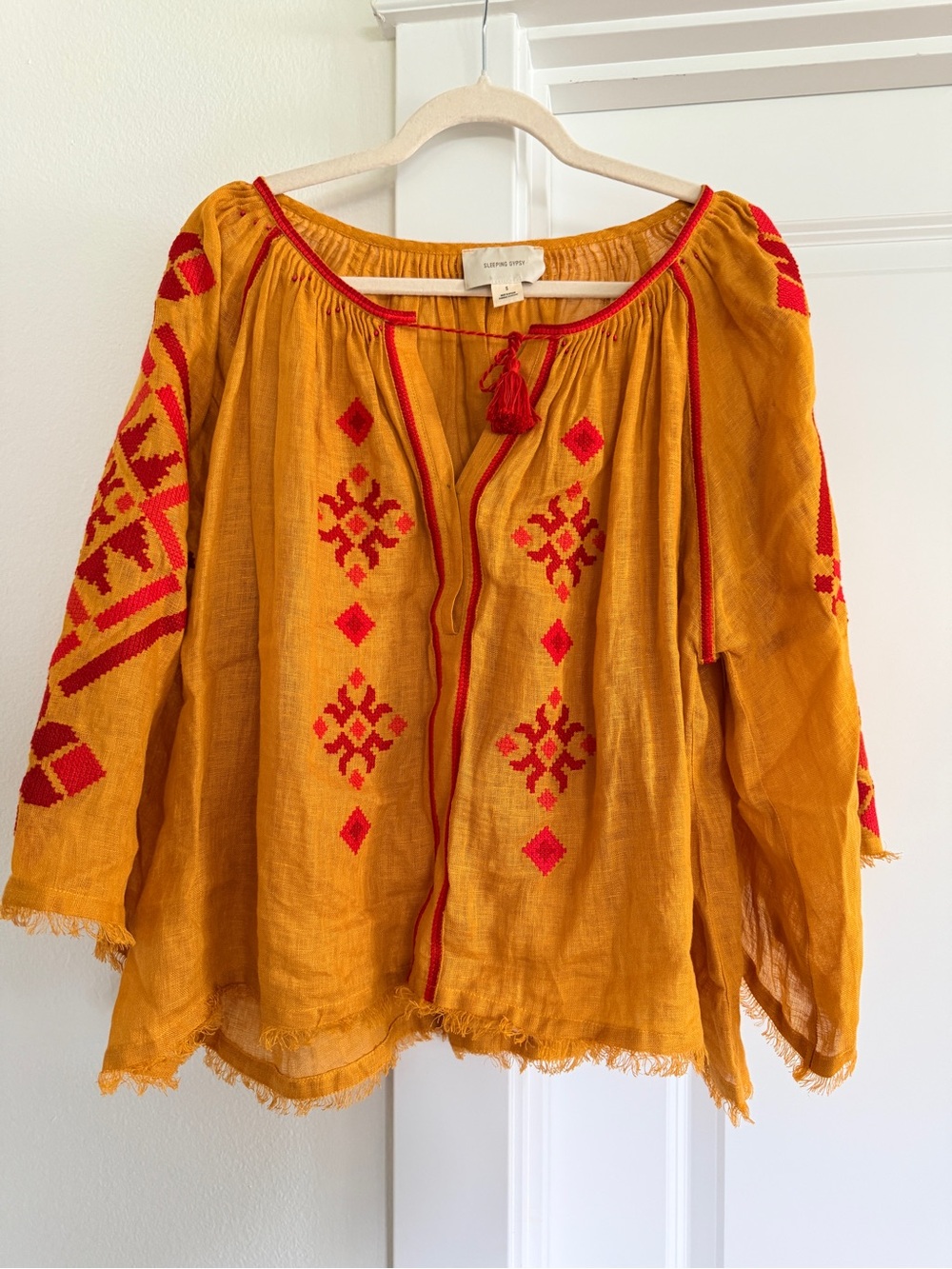 Mustard Tunic Top with Red Embroidery